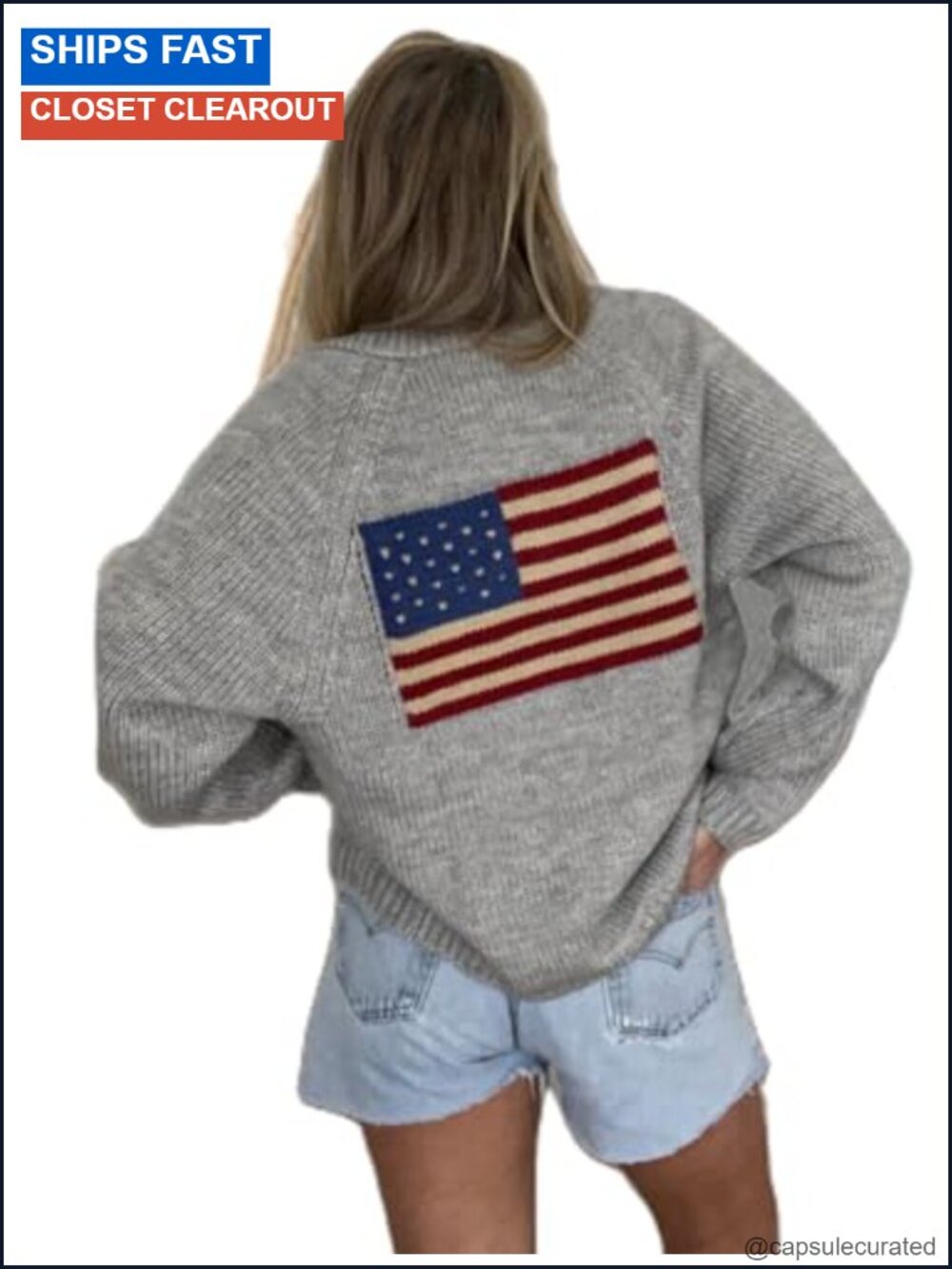 Womens Knit Cardigan USA Flag Print Long Sleeve V-Neck Button Down